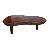 Table basse tripode-bois massif d’okoumé-forme organique-style brutaliste
