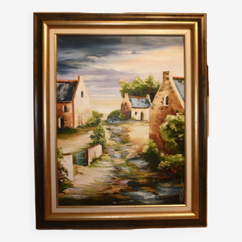 Oil painting on canvas “Hameau” signed Pieronevo