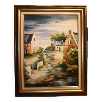 Oil painting on canvas “Hameau” signed Pieronevo