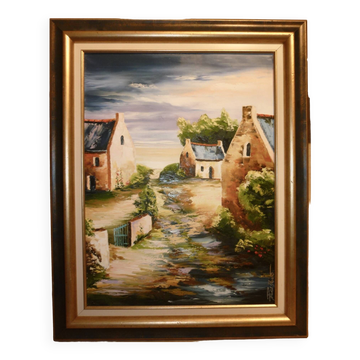 Tableau huile sur toile « Hameau » signé Pieronevo