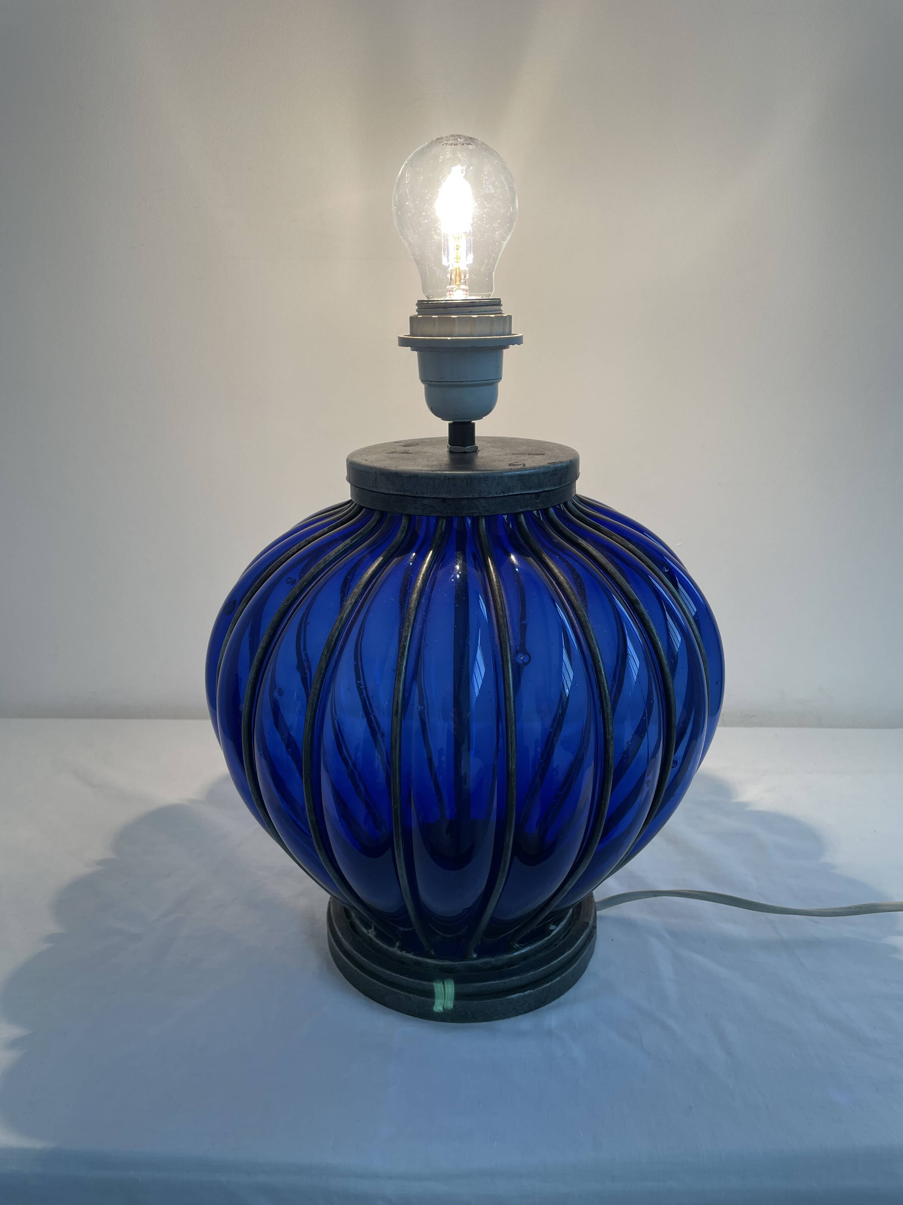 Vintage, blown glass lamp base, cobalt blue, silver metal frame, designer lamp, chic