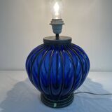 Vintage, blown glass lamp base, cobalt blue, silver metal frame, designer lamp, chic