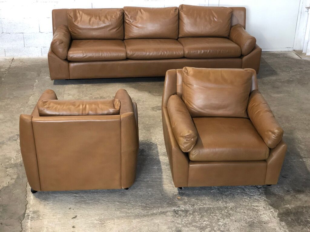 Vintage leather living room set by Edelhard Harlis for Mobilier International, California 1955