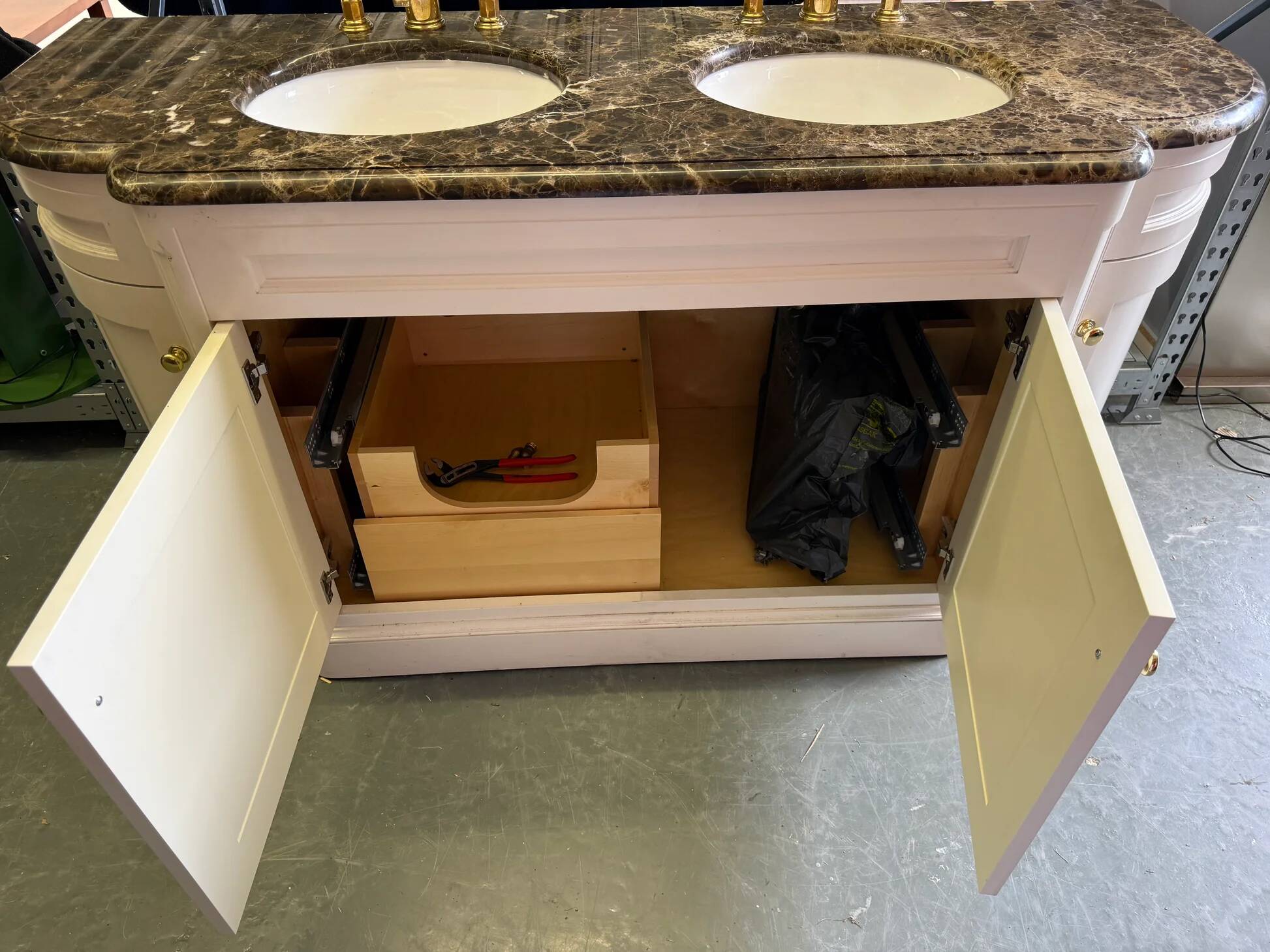 Classic double bathroom cabinet with marble top and gold fittings