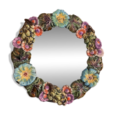 Round wall mirror in ceramic with slip-cast flowers, glazed, from the 60s/70s.