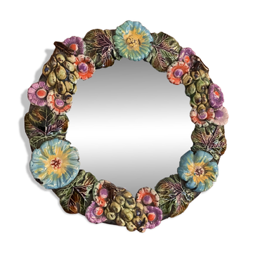 Miroir mural rond en céramique fleurs barbotine émaillée années 60/ 70