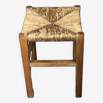 Tabouret en bois et assise en paille