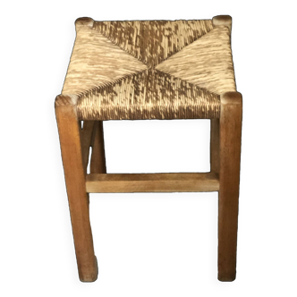 Tabouret en bois et assise en paille