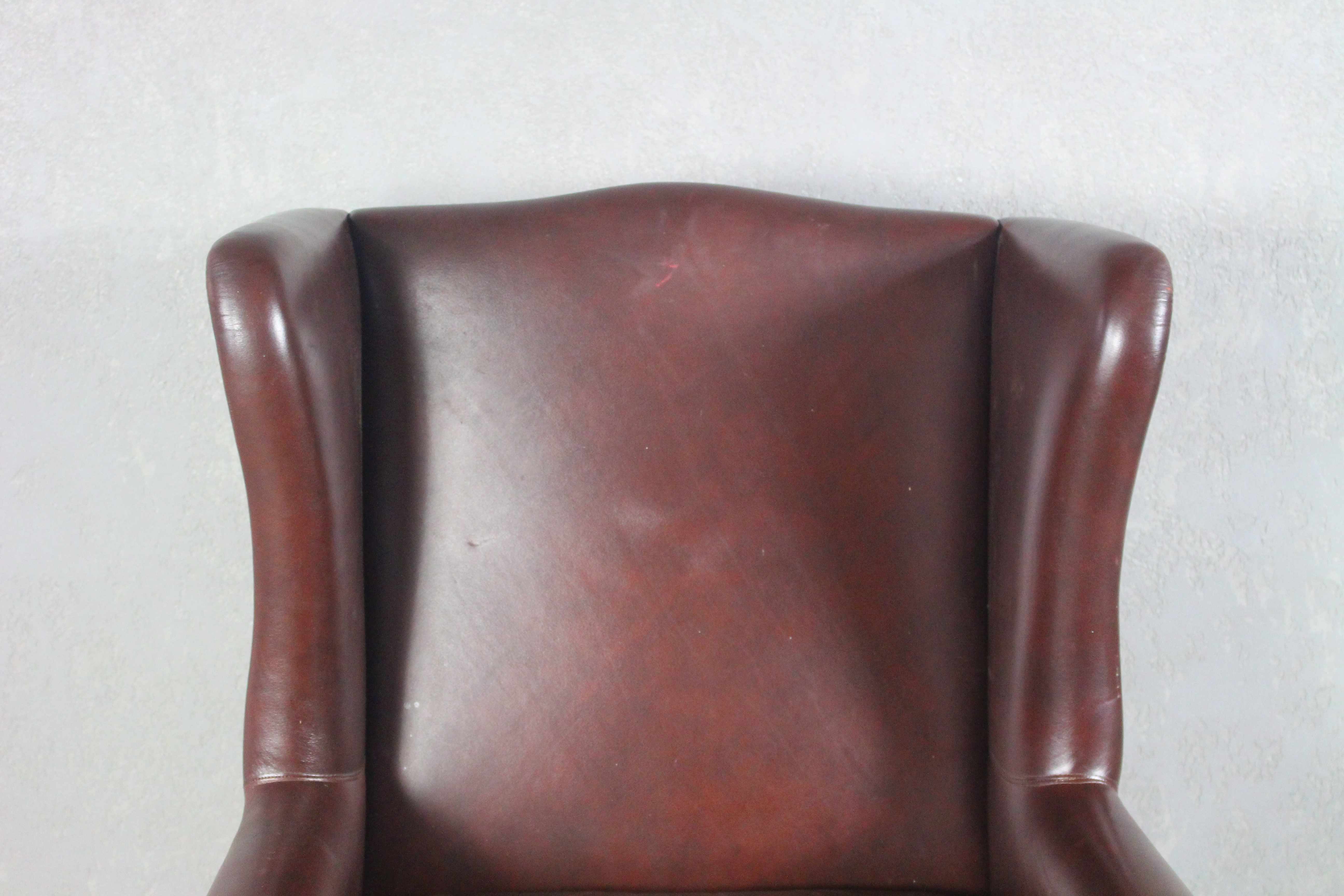 English Georgian Style Brown Leather Wingback Armchair