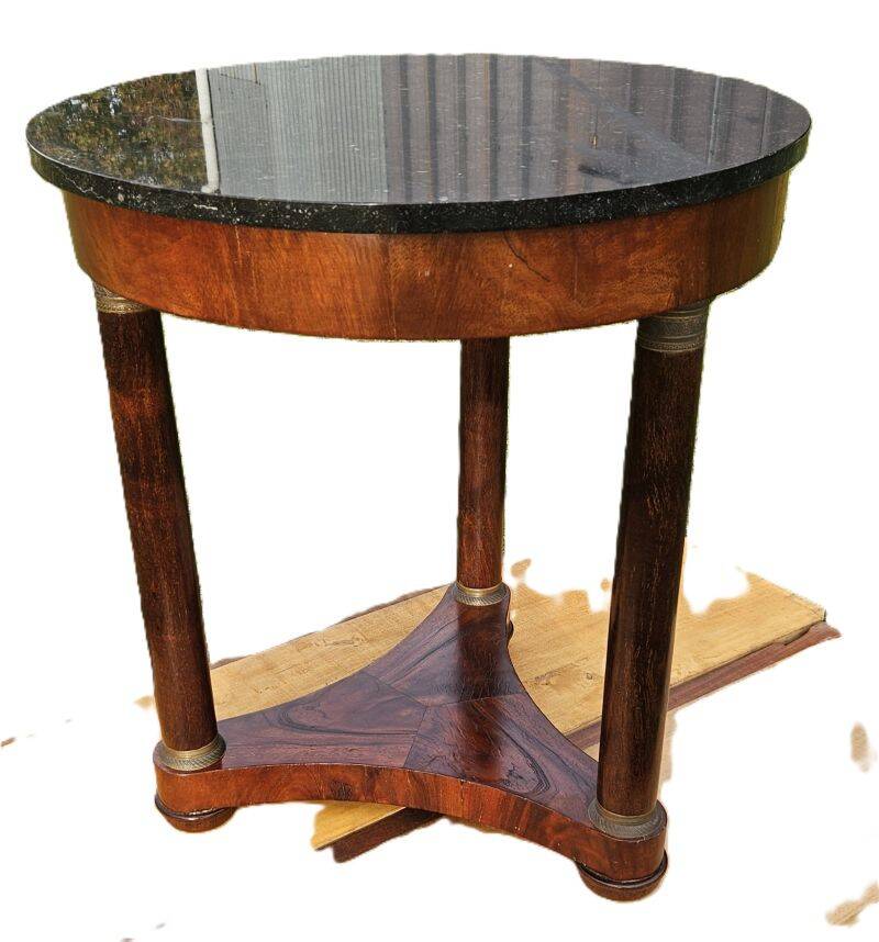 Small Empire Style Pedestal Table in Mahogany and Black Veined Marble, 19th Century