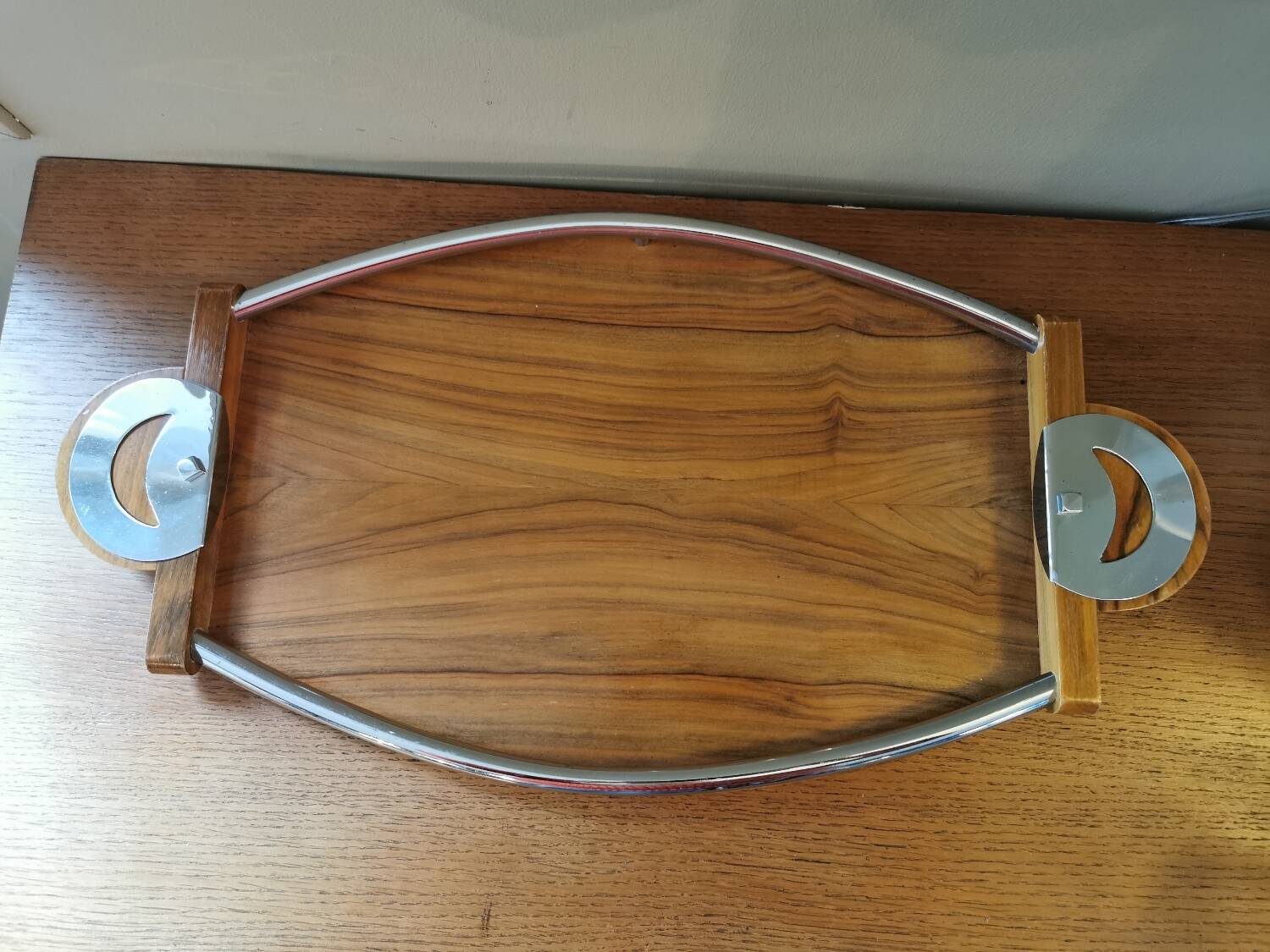 Large Art Deco tray in wood and chrome-plated metal