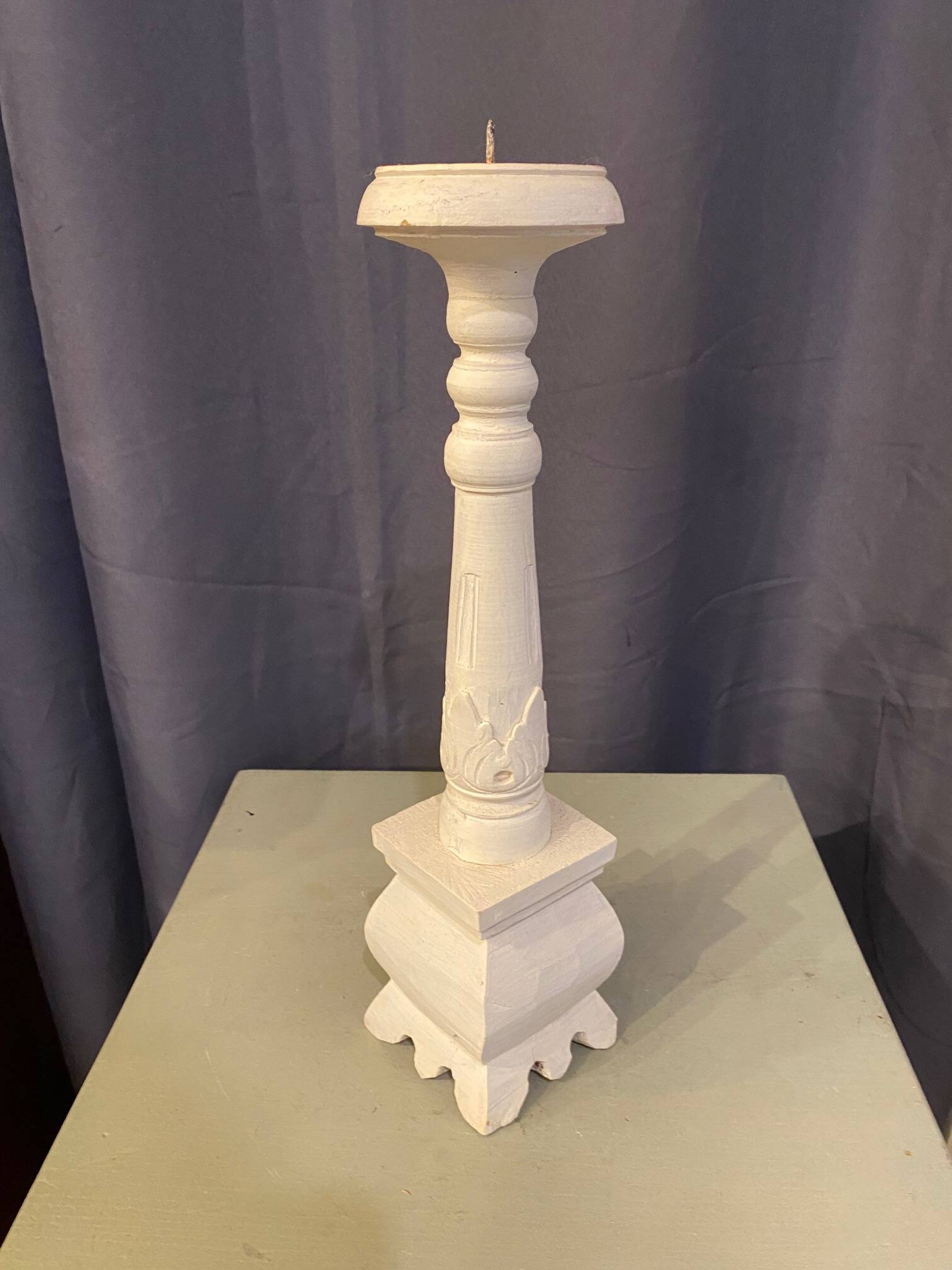 Large table candle holder candlestick in white patina wood for round candle