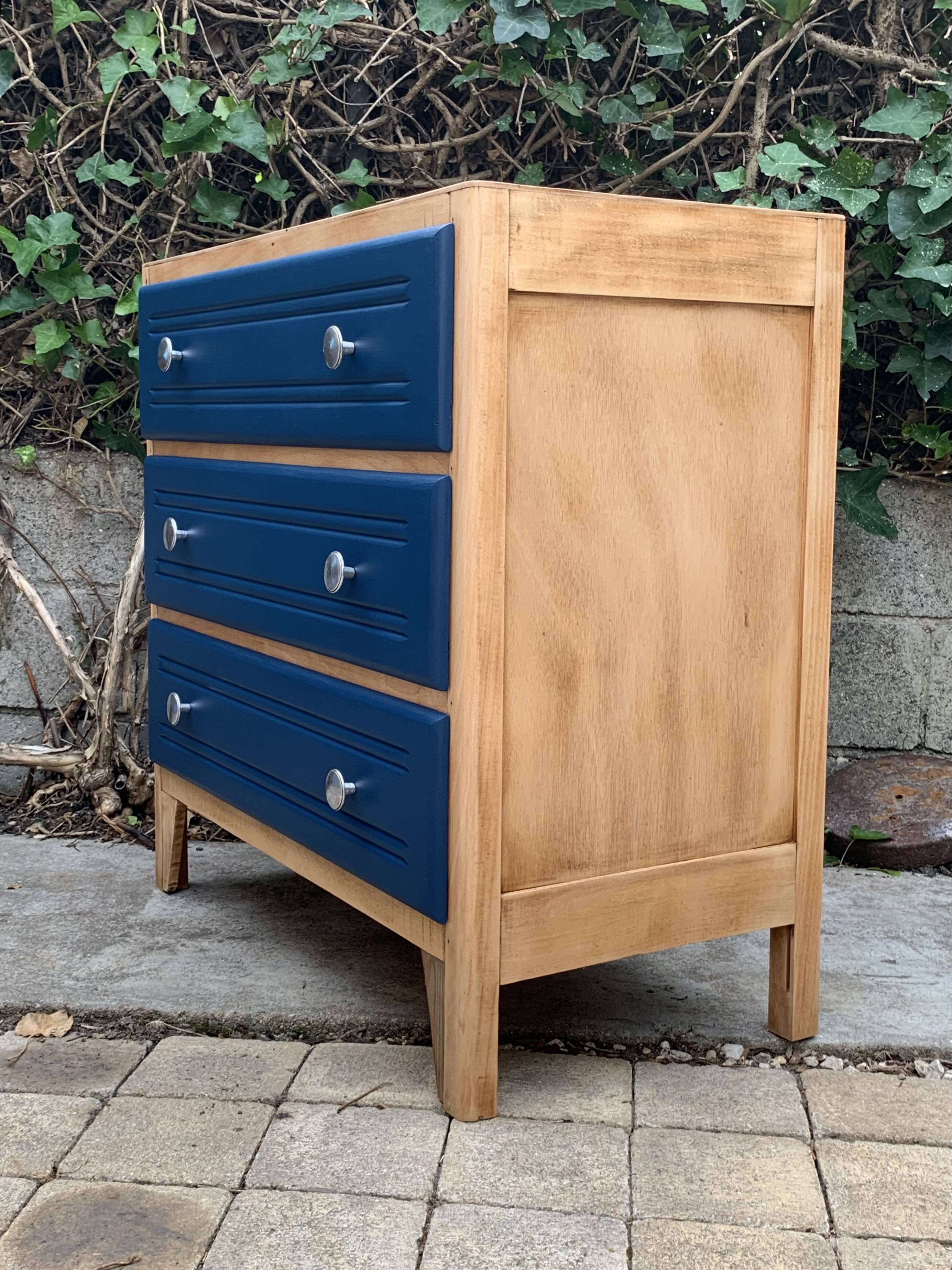 Art Deco chest of drawers in raw wood and blue, 1940