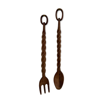 XXL carved wooden spoon and fork set