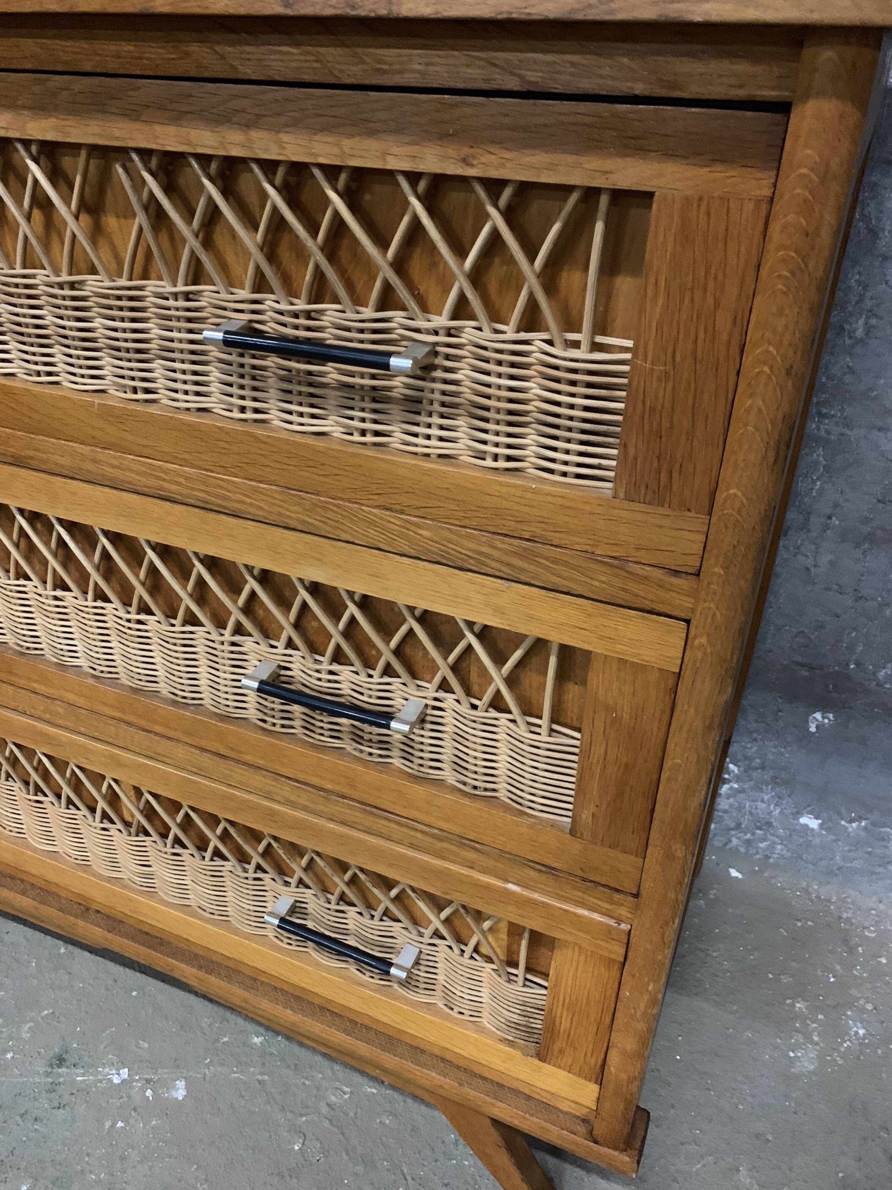 Chest of drawers vintage rattan and oak compass feet