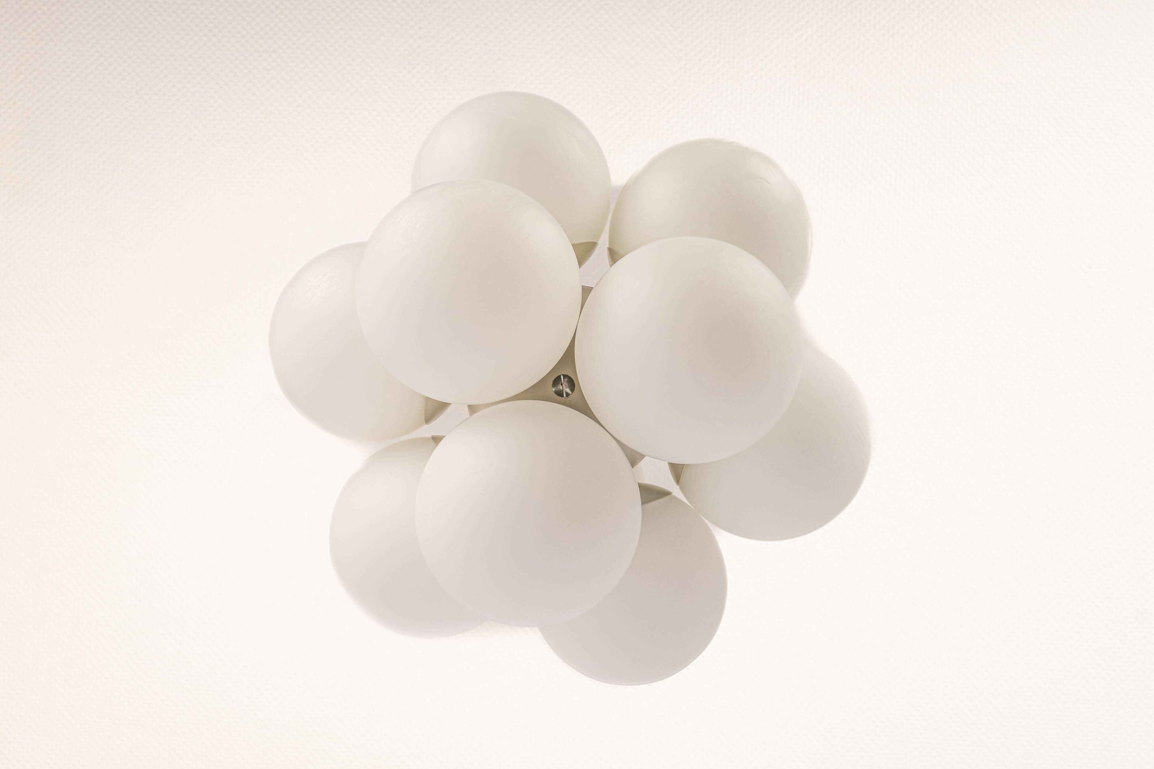 Kaiser Sputnik chandelier, molecular shape, 12 opal glasses, Germany, 1970s