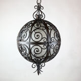 Suspension ronde en fer forgé avec sphère intérieure en verre, c.1930