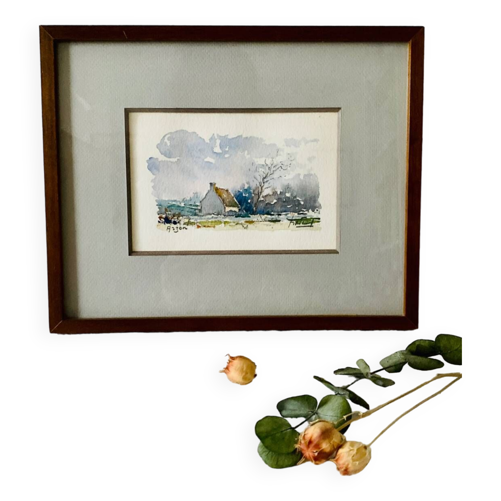 Small watercolor painting landscape Brittany Arzon signed