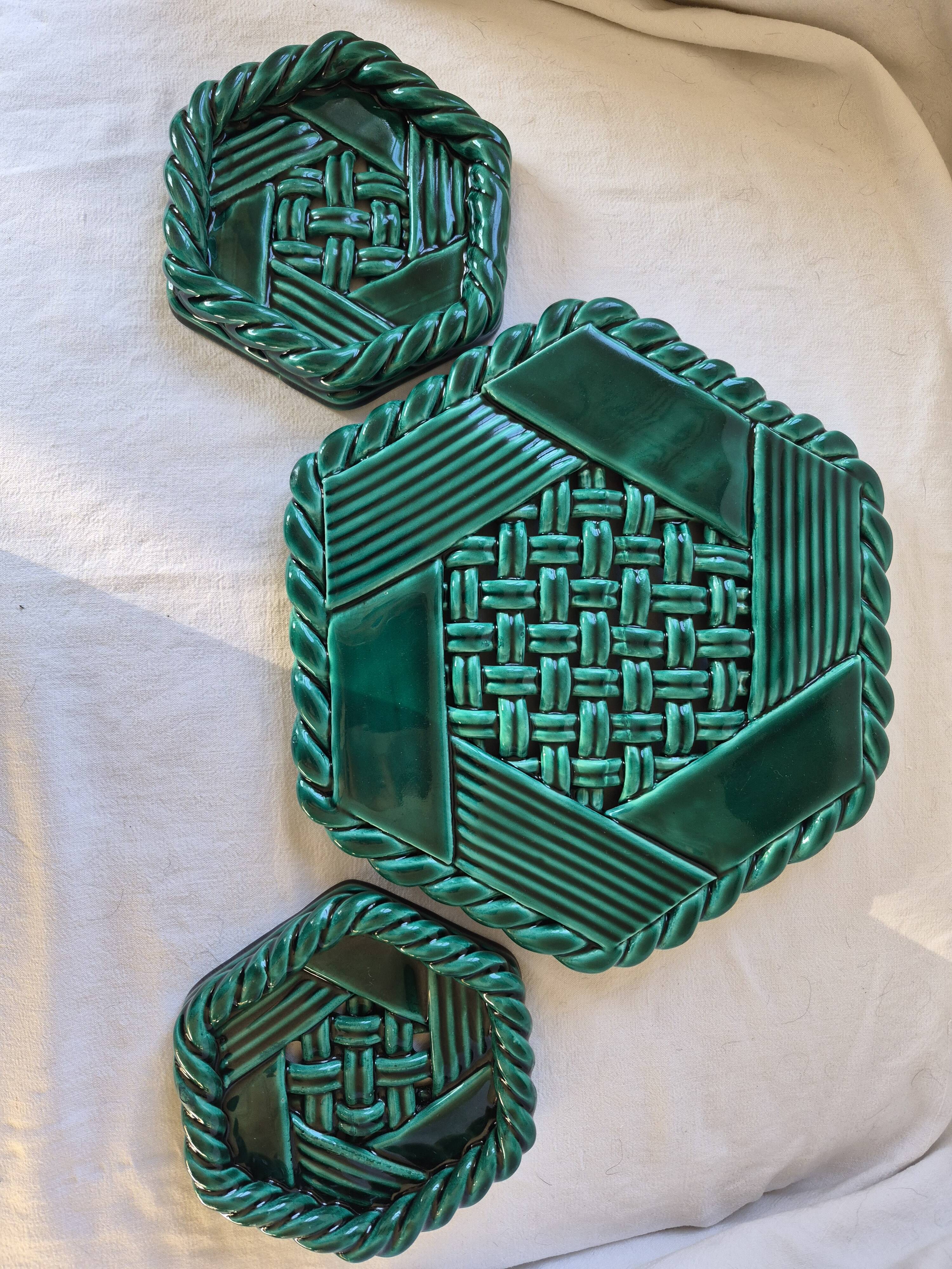 Varnished ceramic trivet from Vallauris and 2 bottle coasters.