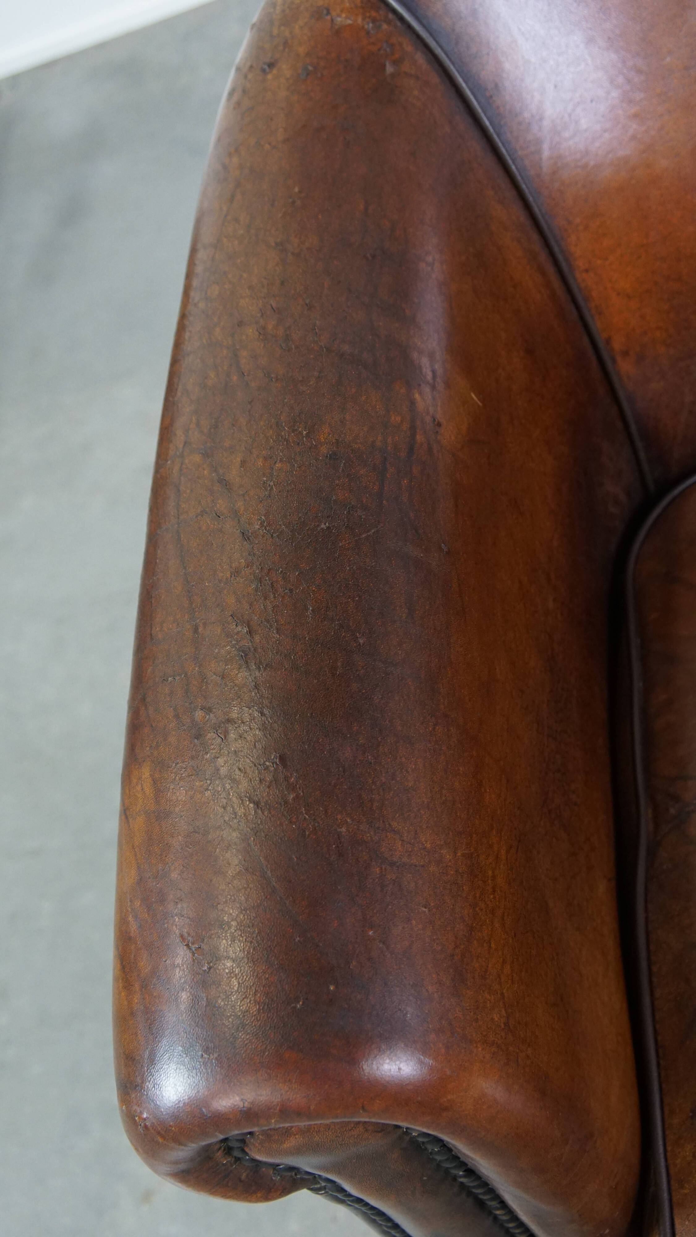 Cognac-Colored Vintage Sheepskin Leather Club Armchair