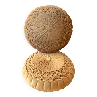 2 round caramel cushions in hand-pleated velvet