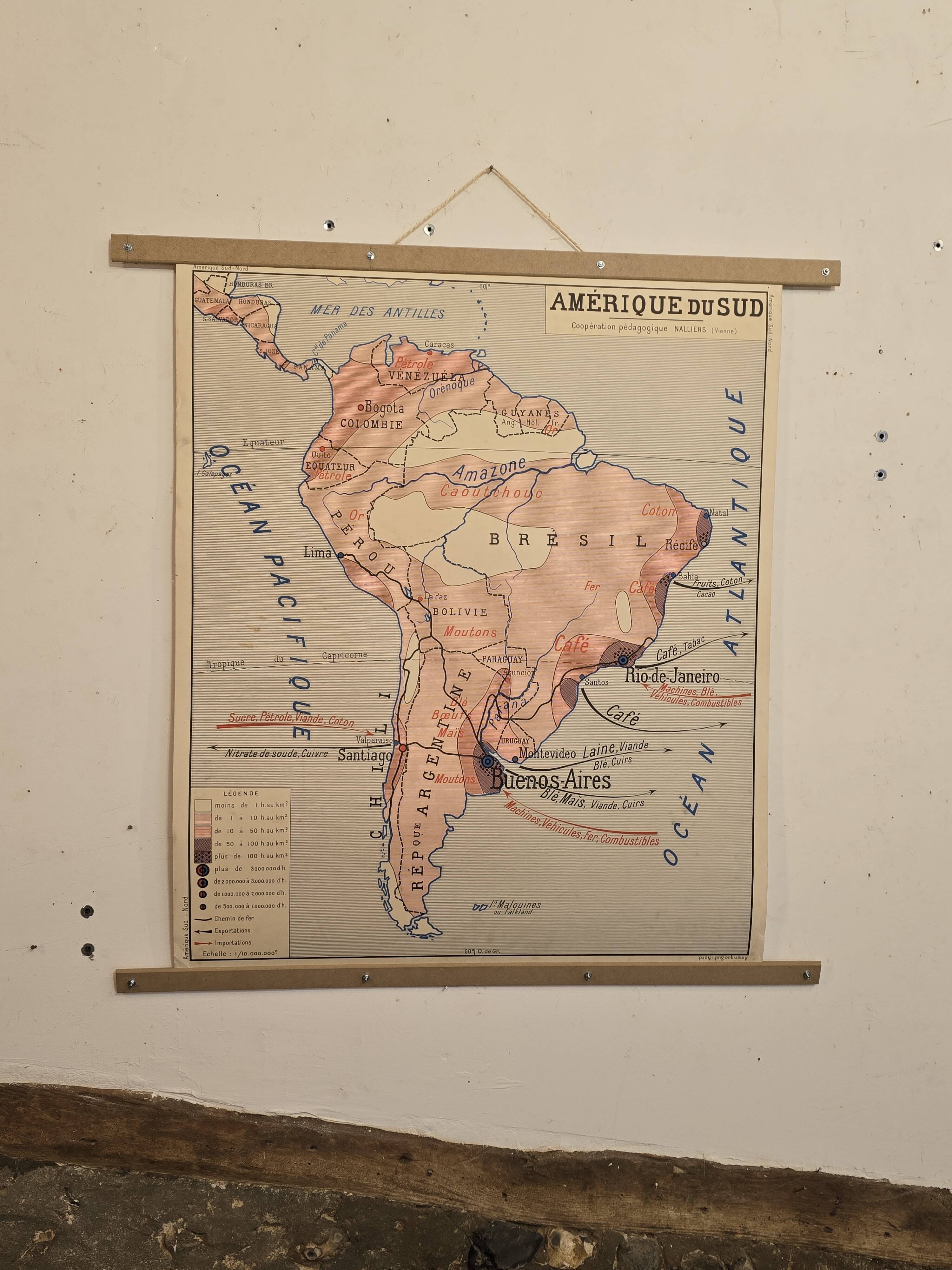 Old geography map / school map South America North America