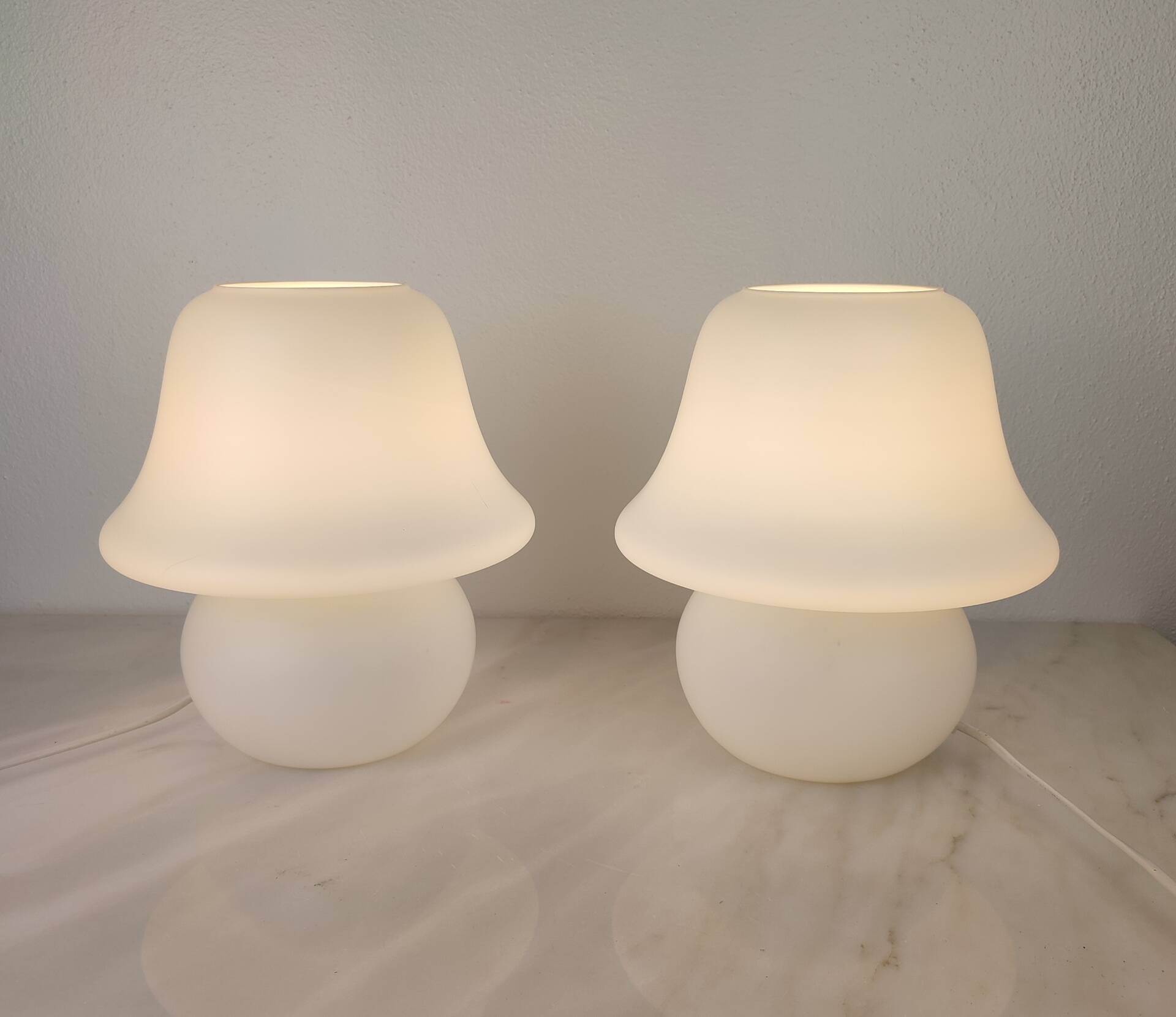 Pair of vintage opaline glass lamps by Hustadt Leuchten in the shape of mushrooms.