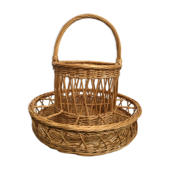 Panier support bouteille et verres en rotin