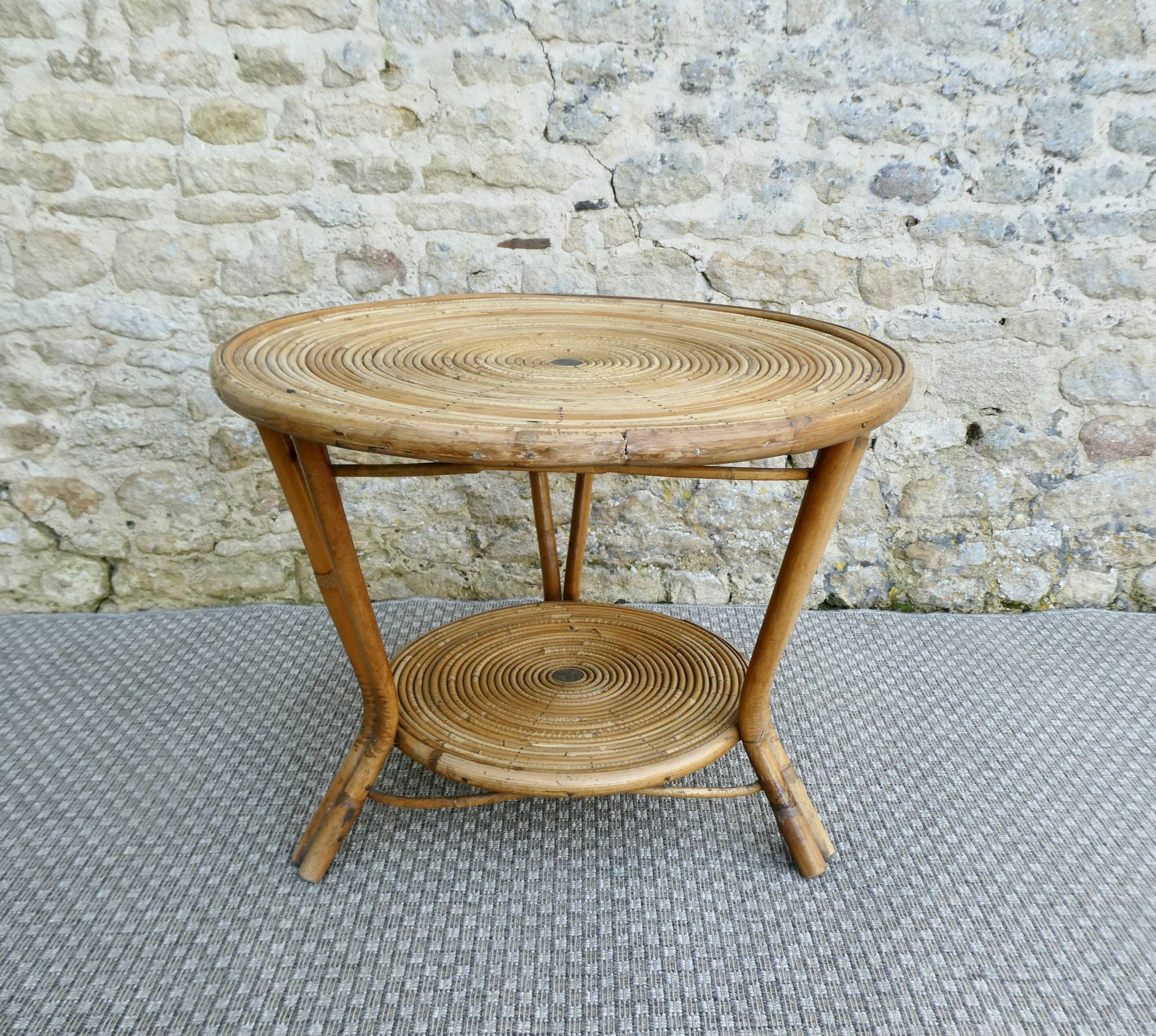 Rattan coffee table, tripod, with double top, 1960s