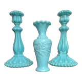 Pair of opaline candlesticks and its vase