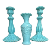 Pair of opaline candlesticks and its vase