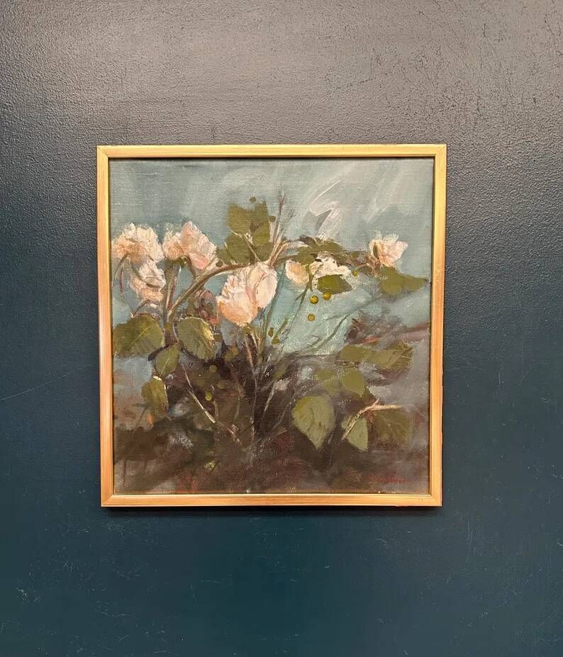 Original Swedish Oil on Canvas – “White Flowers” by M. Jakobsson – Signed – Vintage & Framed – 46 × 44 cm (18.1" × 17.3")