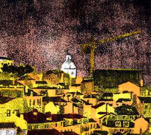 Original Monotype Lisbon by night, illustration