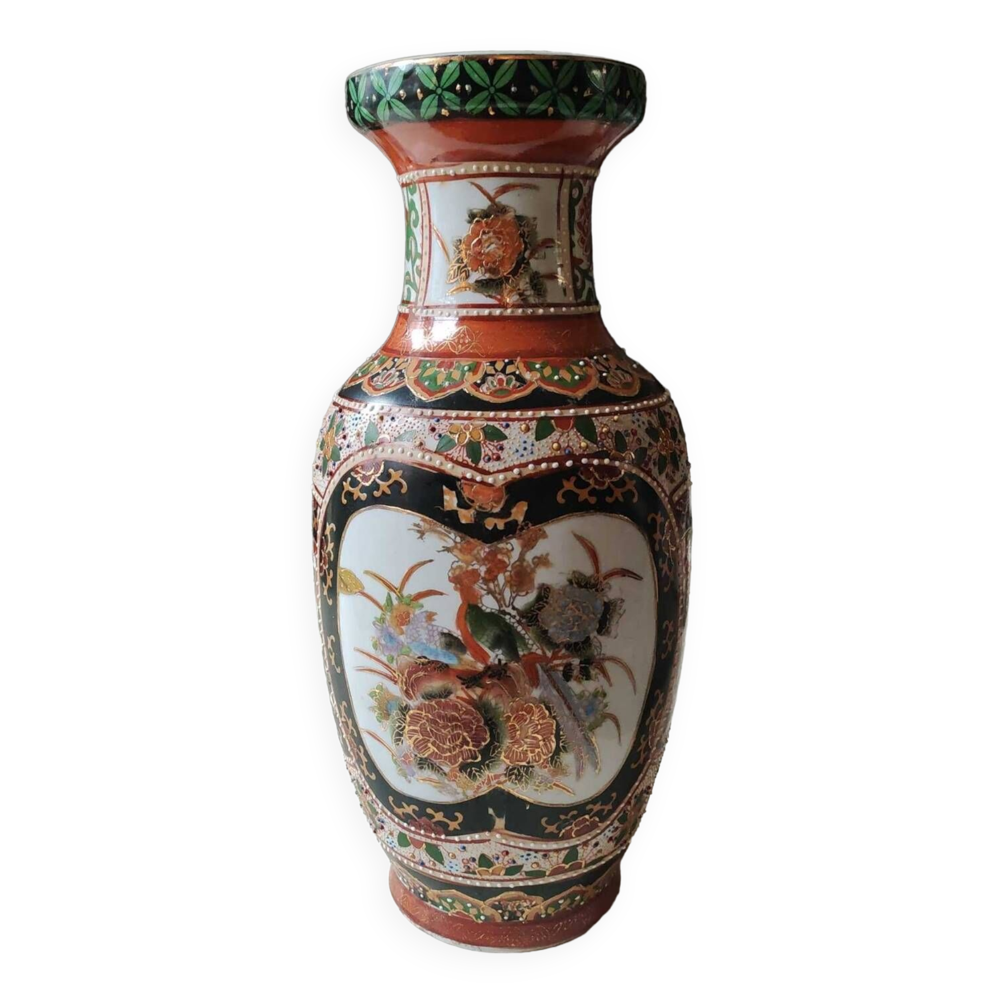 Japanese baluster vase Imari style. Peacock/Floral motifs, stamped. High 35.5 cm