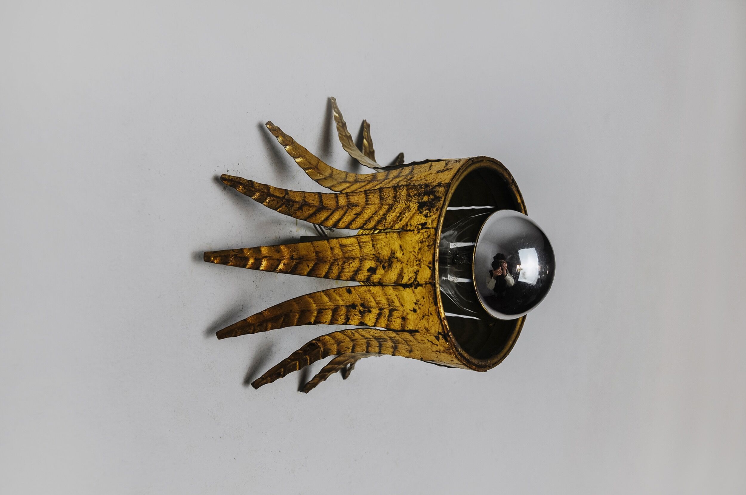 Sun wall lamp by ferro arte, metal and gold leaf, spain, 1960