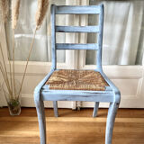 Wooden chair and seat in vintage blue straw