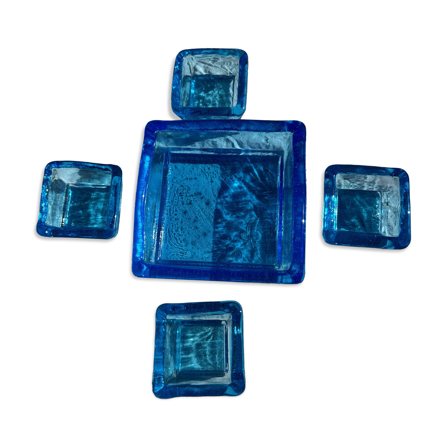 Adorable Vintage Turquoise Blue Glass Square Ashtrays and Trays