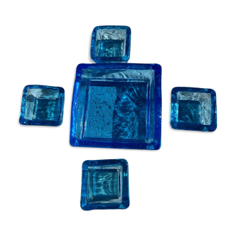 Adorable Vintage Turquoise Blue Glass Square Ashtrays and Trays