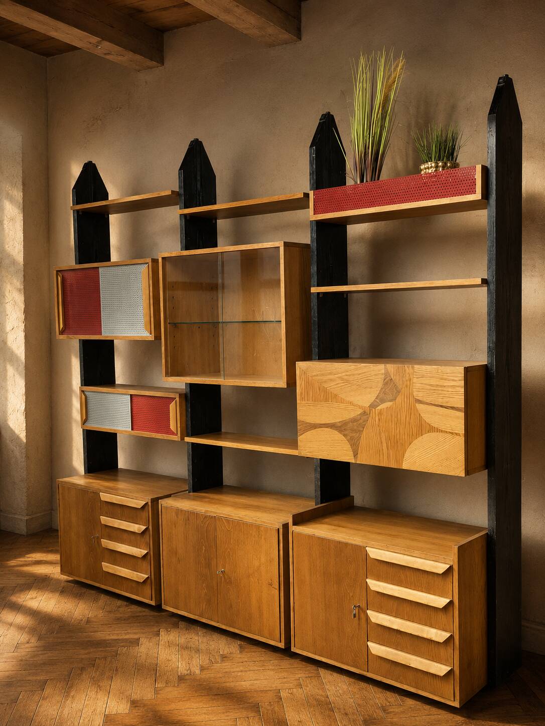Meuble mural modulaire tchécoslovaque vintage avec armoires en placage et supports en bois noir, années 1960–1970