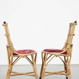 Set of 4 subtle and charming vintage 60s rattan boho chairs with colorful upholstered seats