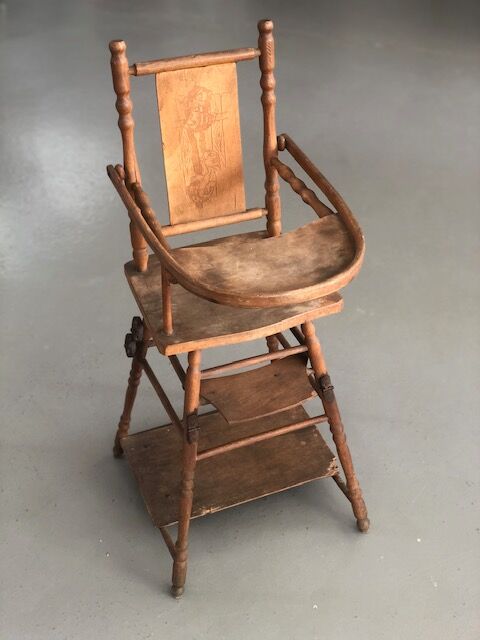 Wooden high chair for doll or bather, antique toy