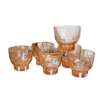 5 champagne glasses in salmon pink glass