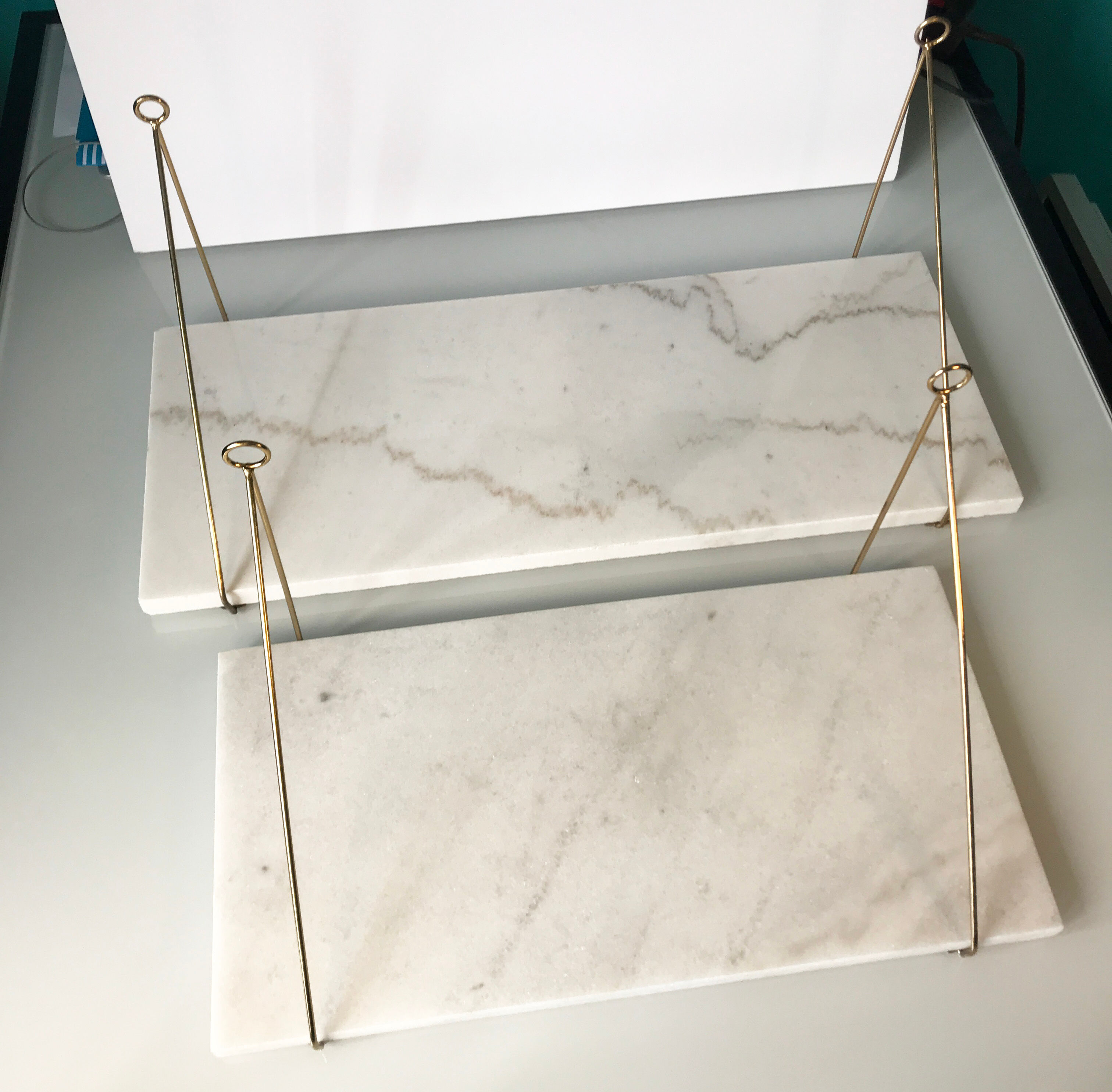 Lot of 2 marble and gold metal shelves