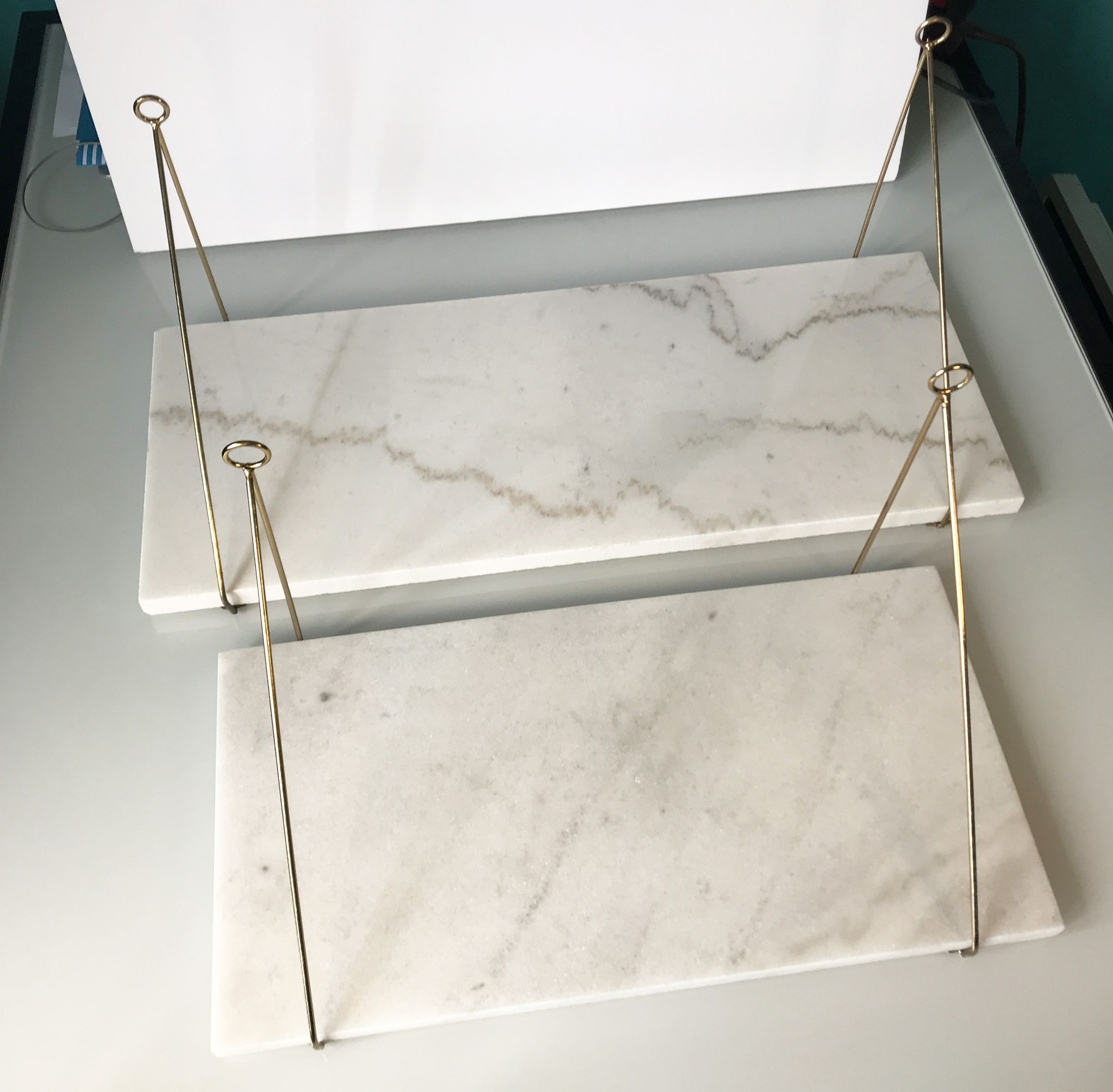 Lot of 2 marble and gold metal shelves