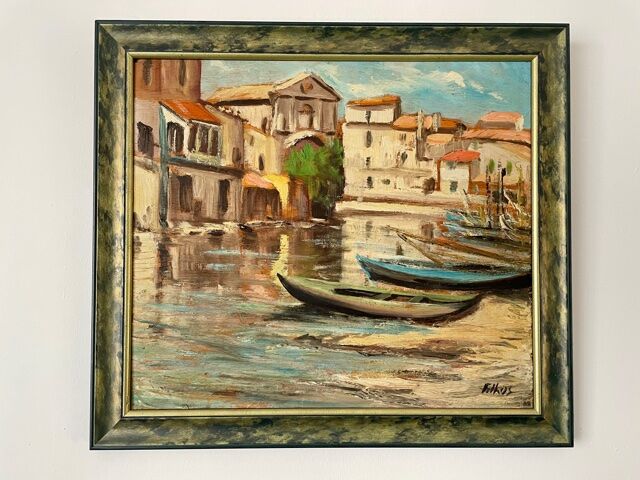 Painting signed Filhos oil on panel 1950 "Martigues"