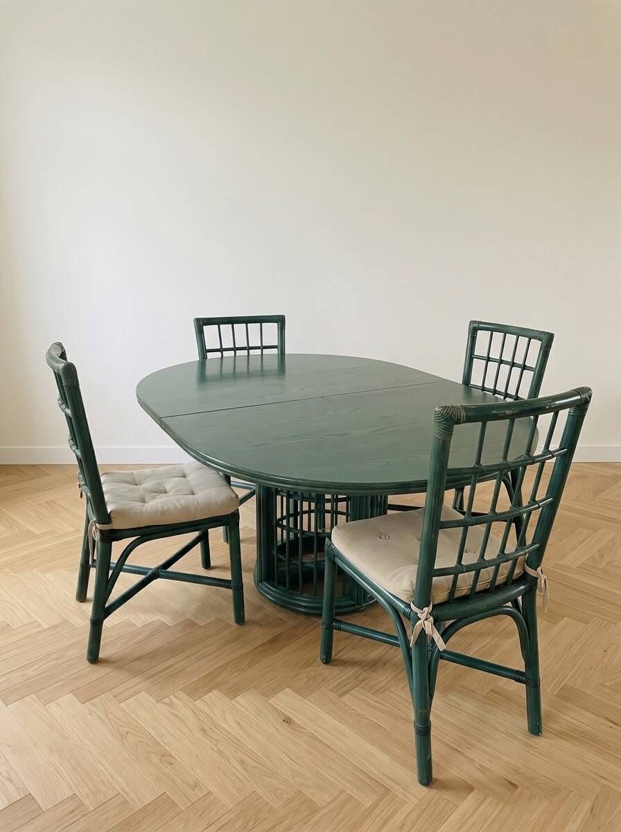 Ensemble salle à manger vintage rotin et frêne vert
