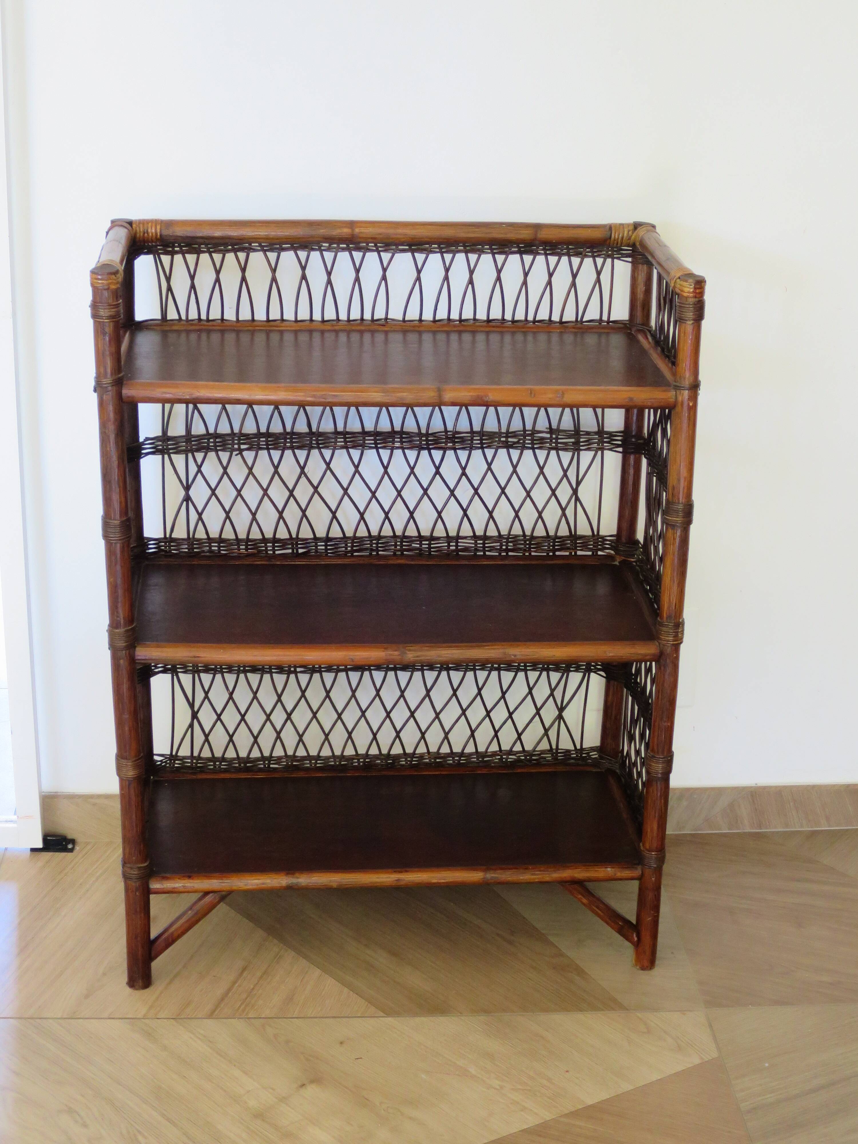 Bookcase - Bibus - 3 levels - woven rattan - bamboo - Vintage - 70s