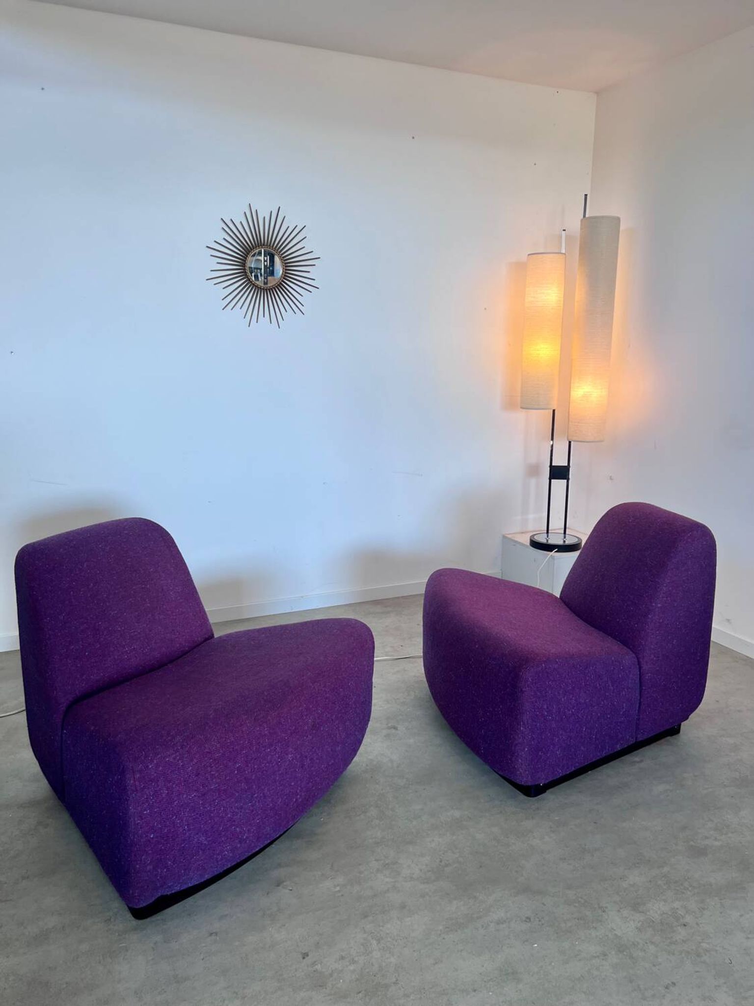 Lot 2 low chairs Space Age design from the 70s purple fabric vintage armchair