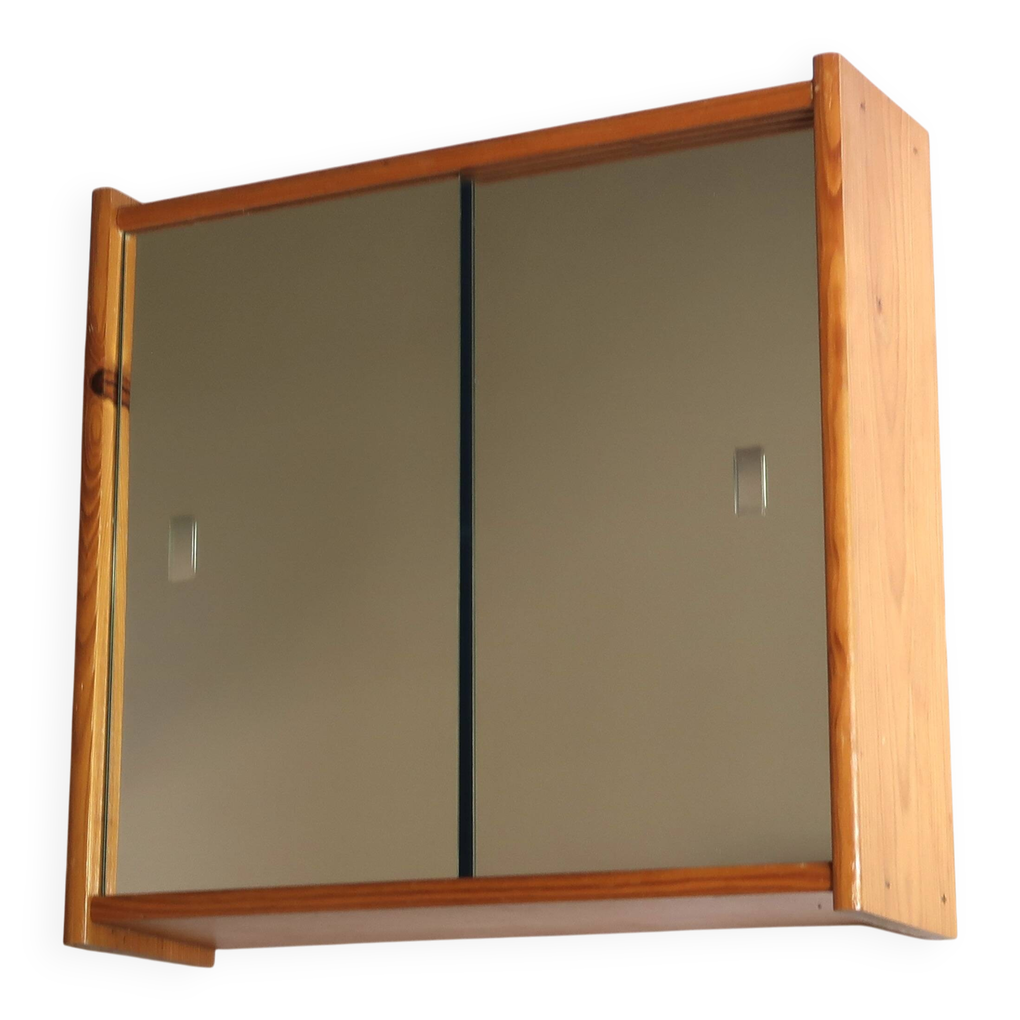 Wooden wall shelf with sliding mirror doors, 1970s