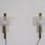 Pair of 1970 brass and plexiglass wall lamps